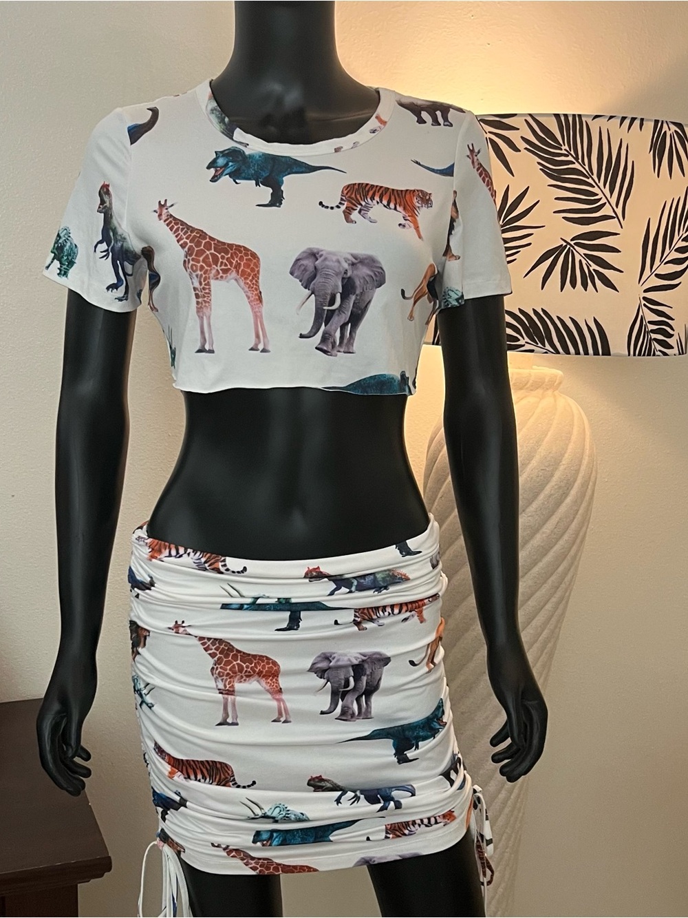 Y2K Animal Print Crop Top & Ruched Skirt Set - WhiteMulticolor Fun Safari Print